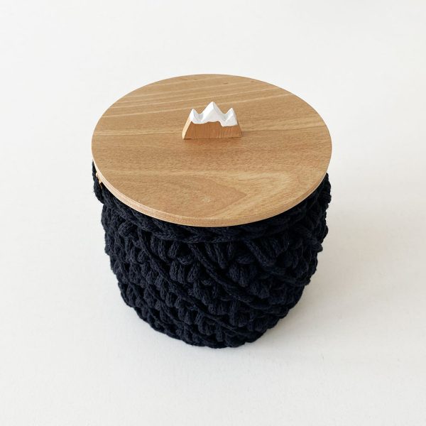 Basket with Lid | Triglav | Cotton and Walnut Wood | 12cm | Black